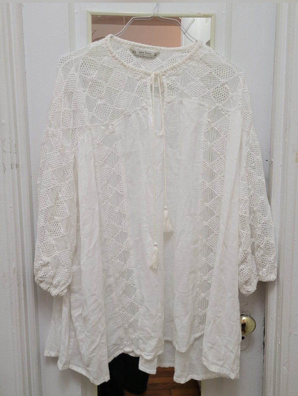 Zara White Gauzy Oversized Crochet-Paneled Peasant Tunic Boho Coastal Lagenlook
